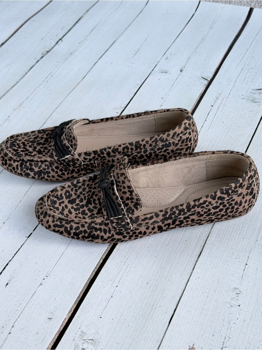 Lands' End Leopard Print Calf Hair Tassel Loafers Driving Moccasins 9B - Picture 5 of 8
